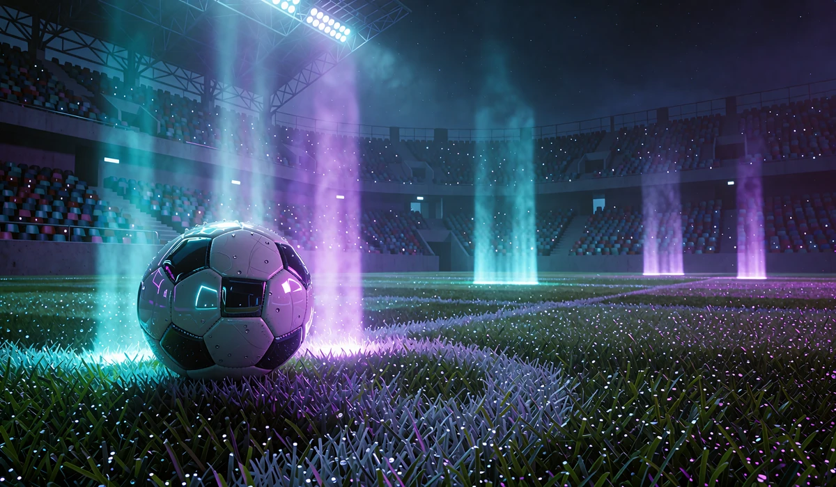 Hvid fodbold p&aring; dugv&aring;d bane under cyan og violette projekt&oslash;rstr&aring;ler - sportsbook hos WinBeatz Casino