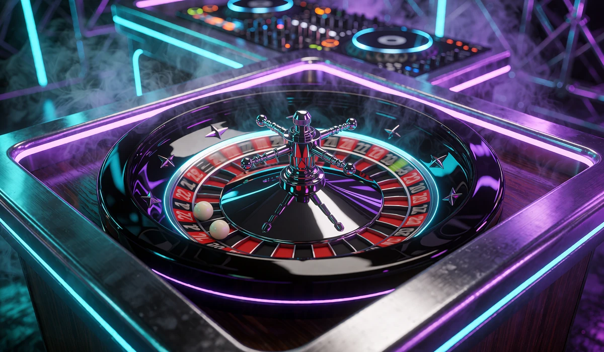 Poleret roulettehjul med hvid kugle i neonbelyst live-studie - live casino hos WinBeatz Casino