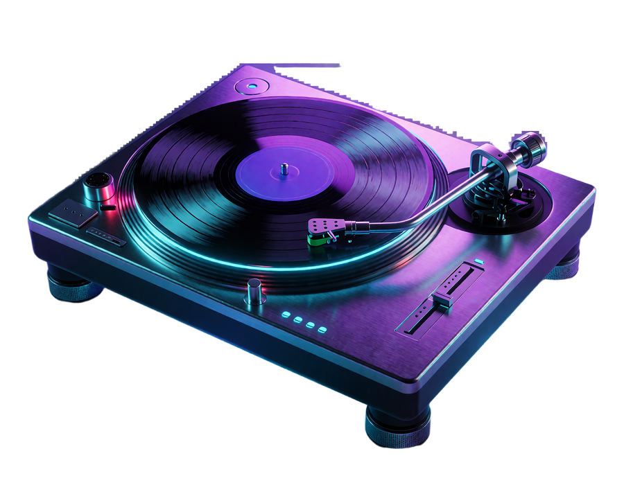 Gl&oslash;dende pladespiller med violet plade og cyan lysring - symbol for Big Wins-feedet hos WinBeatz Casino