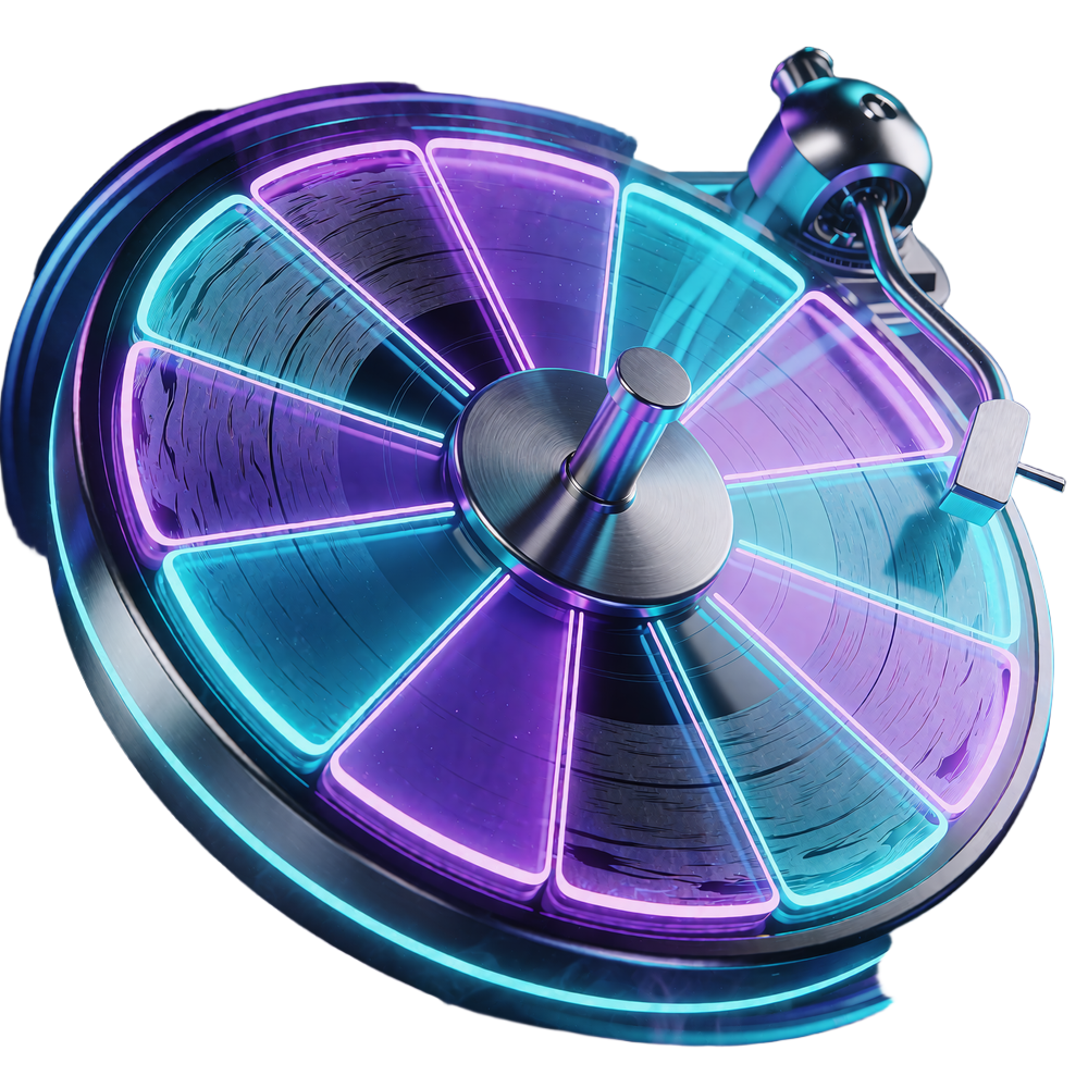 Vinylplade delt i violette og cyan felter som lykkehjul - Wheel of Fortune hos WinBeatz Casino