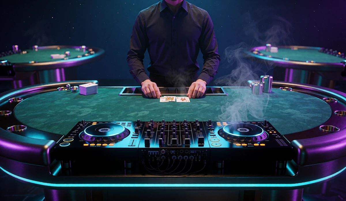 Live casino-studie med croupier ved blackjackbord og DJ-mixer i cyan lys - live casino hos WinBeatz Casino